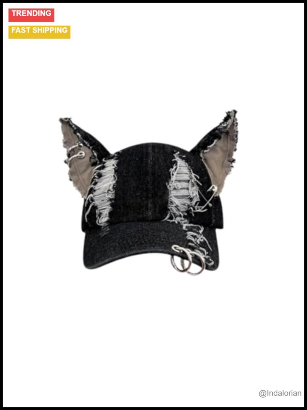 Distressed Denim Baseball Cap with Cat Ear and Metal Rings Adjustable